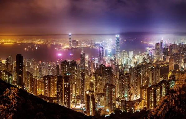 Ночь, city, город, lights, огни, река, дома, корабли