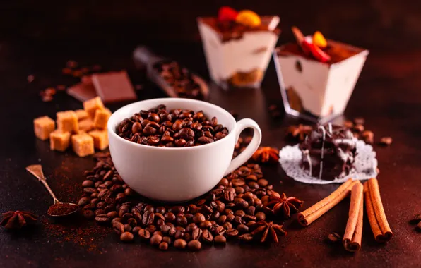 Кофе, конфеты, чашка, корица, десерт, кофейные зерна, шоколадные, пряности