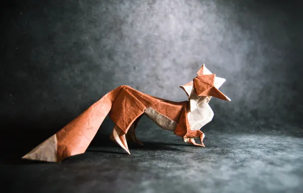 Картинка серый, лиса, хвост, fox, оригами, tail, origami, gray