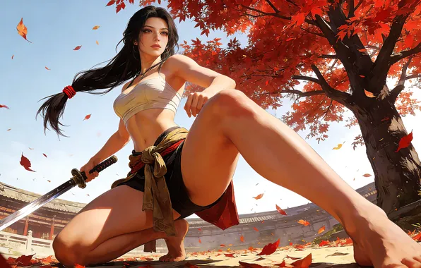 Картинка sword, legs, weapon, nature, woman, young, beautiful, model