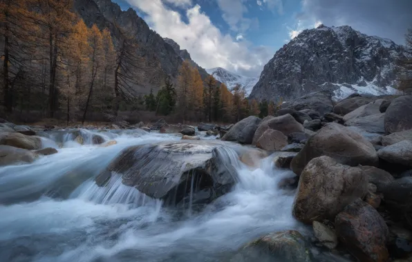 Картинка осень, пейзаж, горы, природа, река, камни, долина, ледник