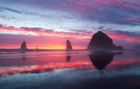 Пляж, закат, океан, скалы, берег