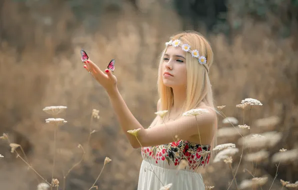 Лето, девушка, бабочки, цветы, природа, платье, блондинка, травы