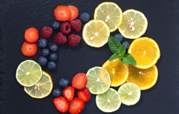Картинка ягоды, малина, лимон, апельсин, клубника, фрукты, цитрусы, мята