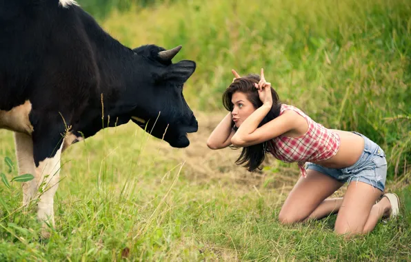 Картинка девушка, корова, луг, дурачество
