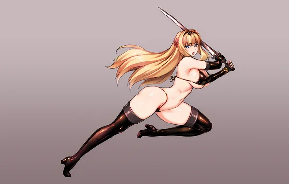 Girl, sword, sexy, cleavage, flower, thighhighs, erect nipples, long hair