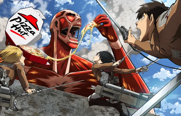 Девушка, стена, форма, парни, pizza, титан, Attack on Titan, атака титанов
