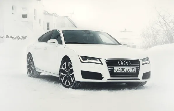 Зима, машина, ауди, audi, белое, audi a7, ауди а7, ауди белая