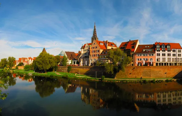 Картинка небо, вода, отражение, река, дома, Германия, набережная, Ulm