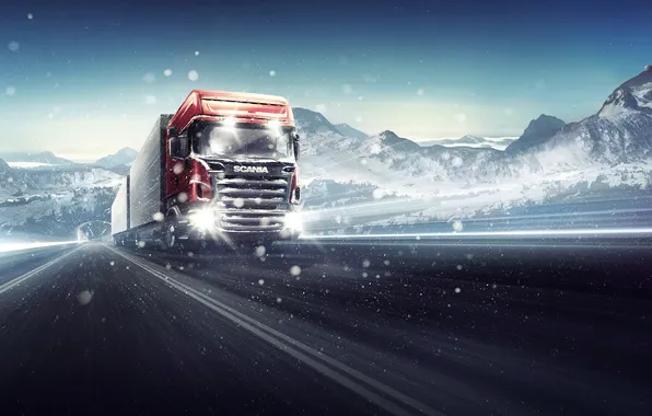 Картинка зима, дорога, снег, кабина, автомобиль, метель, кузов, scania