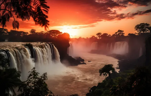 Пейзаж, закат, водопад, landscape, sunset, waterfall