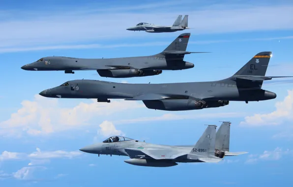 Небо, полет, F-15s, Rockwell B-1B Lancers
