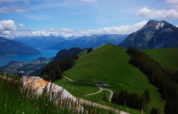 Дорога, облака, пейзаж, горы, природа, озеро, Швейцария, Альпы