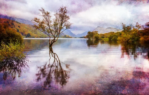 Картинка осень, вода, облака, деревья, пейзаж, горы, озеро, отражение