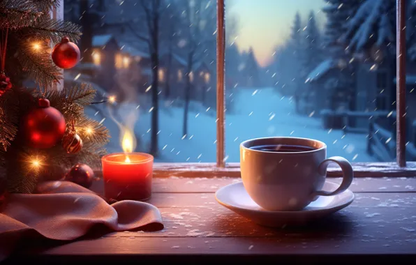 Cozy, Новый Год, snow, candle, зима, снежинки, tree, window