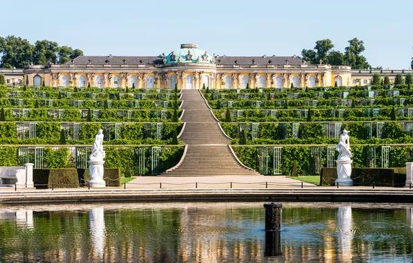 Картинка зелень, дизайн, Германия, лестница, ступени, фонтан, кусты, дворец