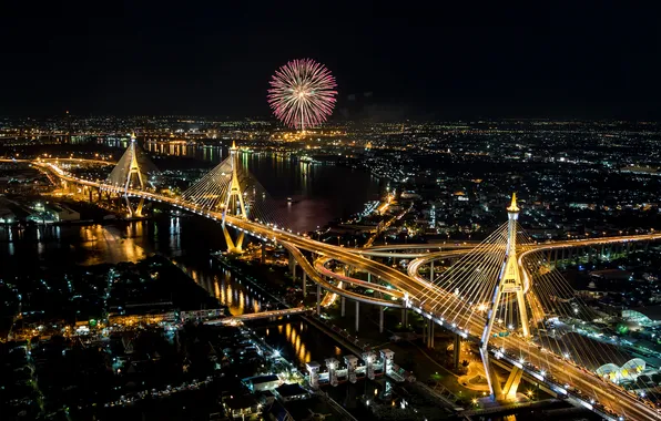 Ночь, мост, огни, река, дома, салют, Таиланд, Bangkok