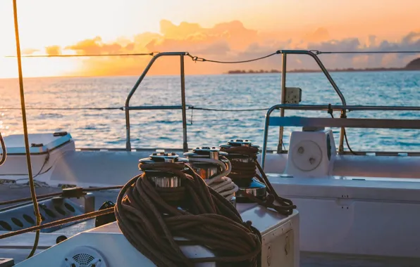 Море, океан, вечер, яхта, палуба, French Polynesia, такелаж
