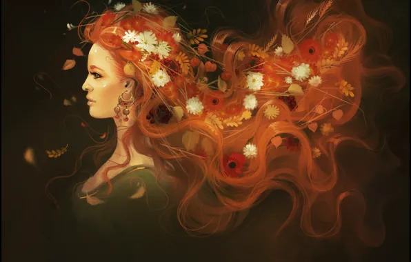 Картинка осень, девушка, цветы, волосы, красота, арт, рыжая