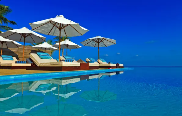 Картинка pool, beautiful, parasols, sun beds