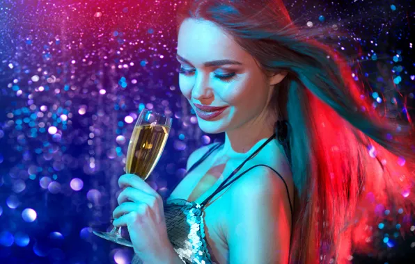 Поза, улыбка, блики, фон, модель, бокал, новый год, портрет