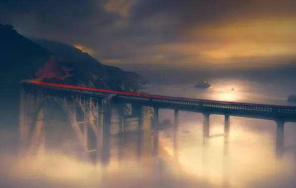 Картинка ночь, мост, туман, железная дорога