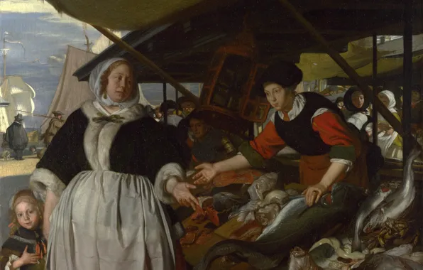 Рыба, базар, Emanuel de Witte, Нидерландская живопись., Adriana van Heusden, and Daughter, The Fishmarket, ca.1662