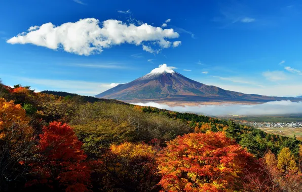 Картинка осень, небо, облака, деревья, холмы, Япония, долина, гора Фудзияма