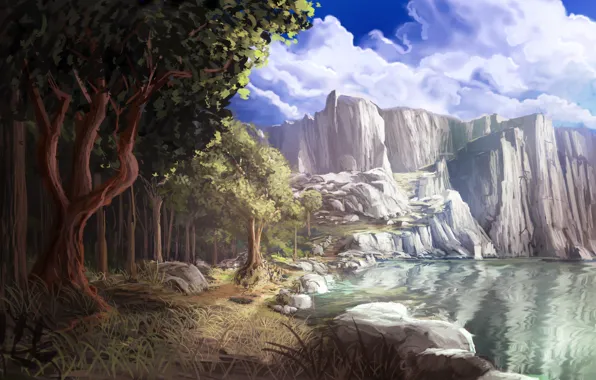Картинка лес, облака, деревья, горы, озеро, скалы, арт