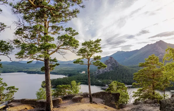 Картинка деревья, горы, озеро, сосны, Казахстан, Боровое озёро, Кокшетауская возвышенность