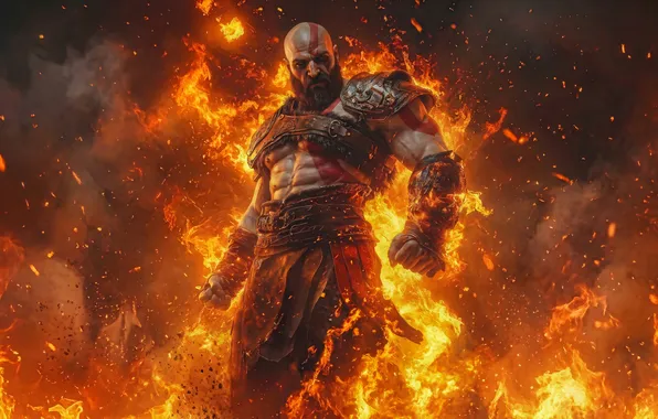 Картинка fire, flame, man, pose, warrior, powerful, strong, muscular