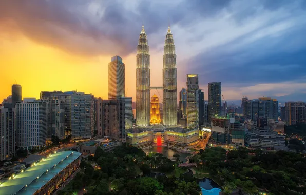 Город, рассвет, здания, утро, Малайзия, Куала Лумпур