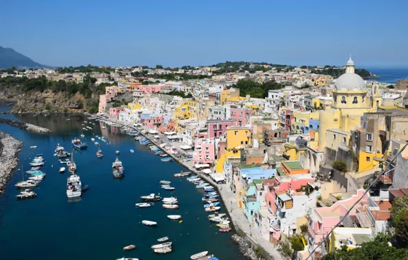 Море, дома, яхты, Италия, марина, Прочида, Procida
