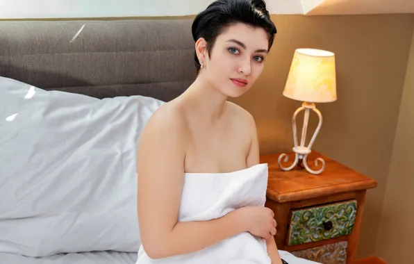 Short hair, model, bedroom, gorgeous, photoshoot, posing, beautiful face, bare shoulders