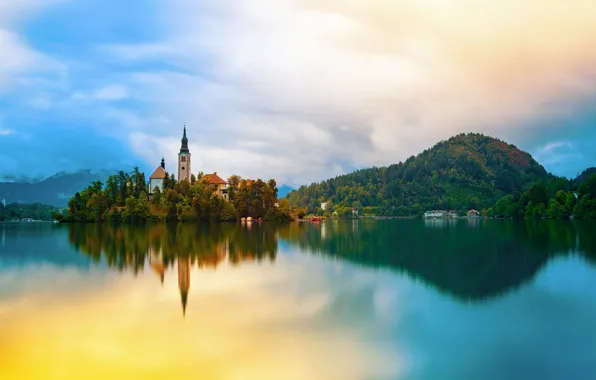 Пейзаж, горы, природа, озеро, церковь, островок, Словения, Блед