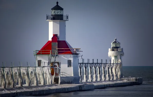 Картинка маяк, ice, frozen, lighthouse, St.Joseph, lake Michigan
