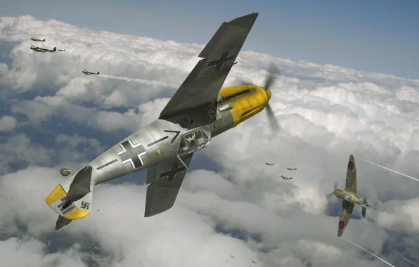Картинка небо, рисунок, арт, самолёты, воздушный бой, WW2, британские, немецкие