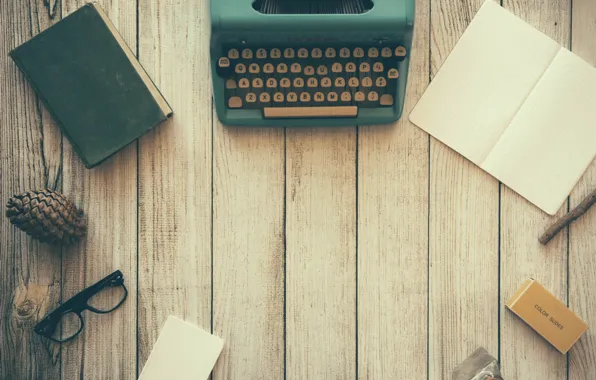 Wood, notebook, book, glasses, table, pine, desk, typewriter