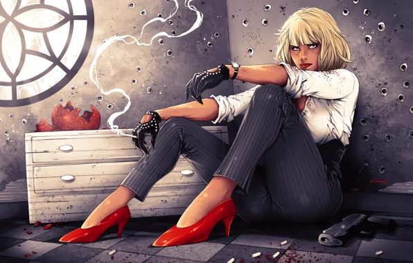 Картинка девушка, пистолет, Charlize Theron, блондинка, сигарета, туфли, art, брюки