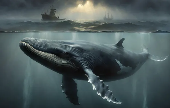 Море, взгляд, морда, корабль, кит, подводный мир, ИИ-арт, нейросеть