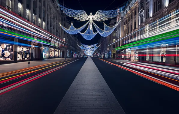 City, lights, christmas, road, night, street, angels, London