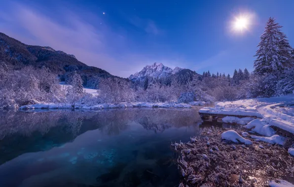 Картинка зима, свет, снег, горы, ночь, озеро, луна