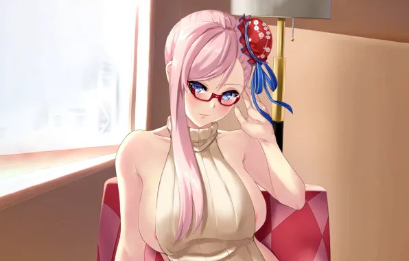 Girl, sexy, cleavage, pink hair, long hair, boobs, anime, blue eyes