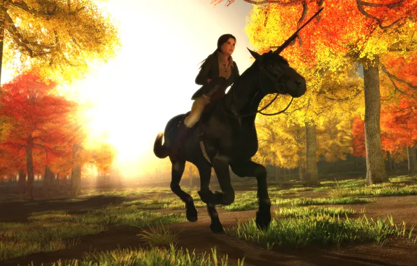 Картинка осень, листья, девушка, деревья, животное, лошадь, Lara Croft, Tomb raider