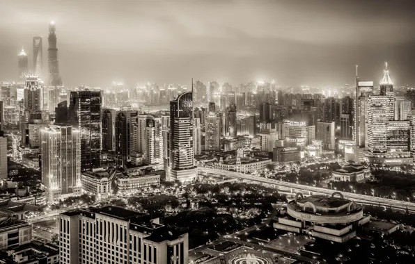 China, здания, чёрно-белая, панорама, Китай, Shanghai, Шанхай, ночной город
