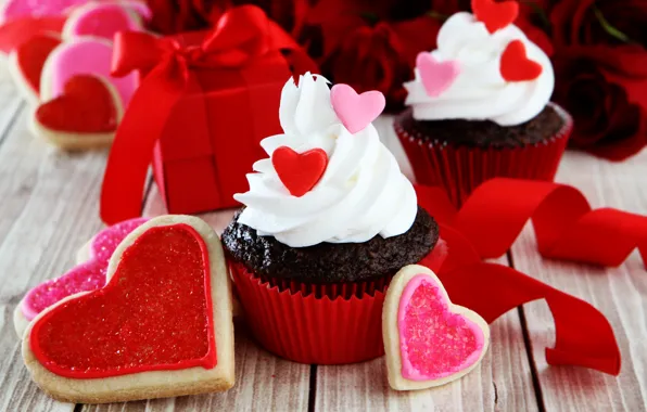 Сердечки, red, love, romantic, hearts, sweet, valentine's day, cupcake