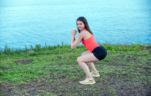 Long hair, model, photoshoot, posing, beautiful eyes, outdoors, cute face, squats