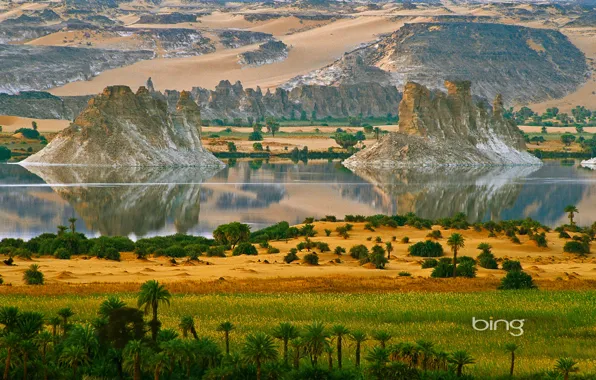 Картинка горы, озеро, река, пальмы, скалы, остров, Африка, северный Чад