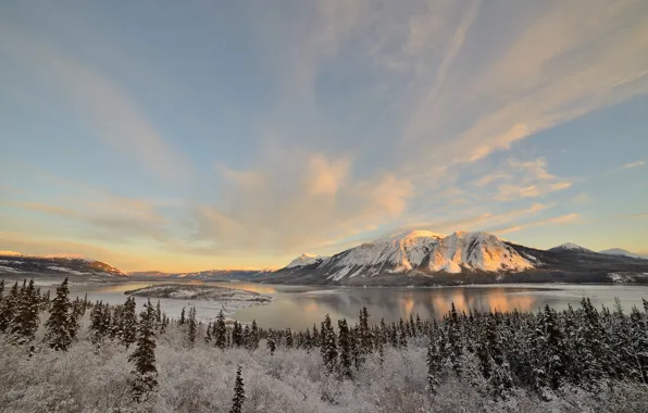 Картинка зима, деревья, горы, озеро, остров, Канада, Canada, Conrad
