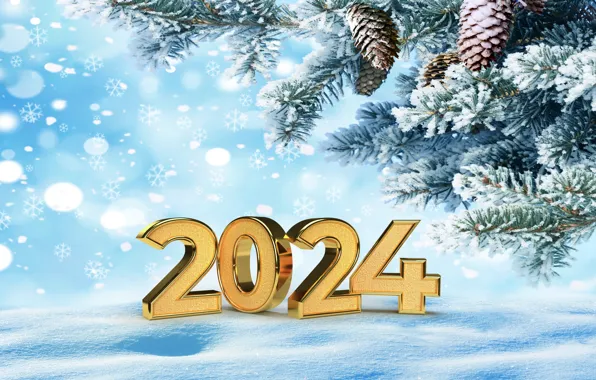 Зима, снег, снежинки, золото, Новый Год, цифры, golden, new year